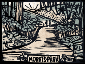 A woodblock print of two friends on a trail in Morris Park.
